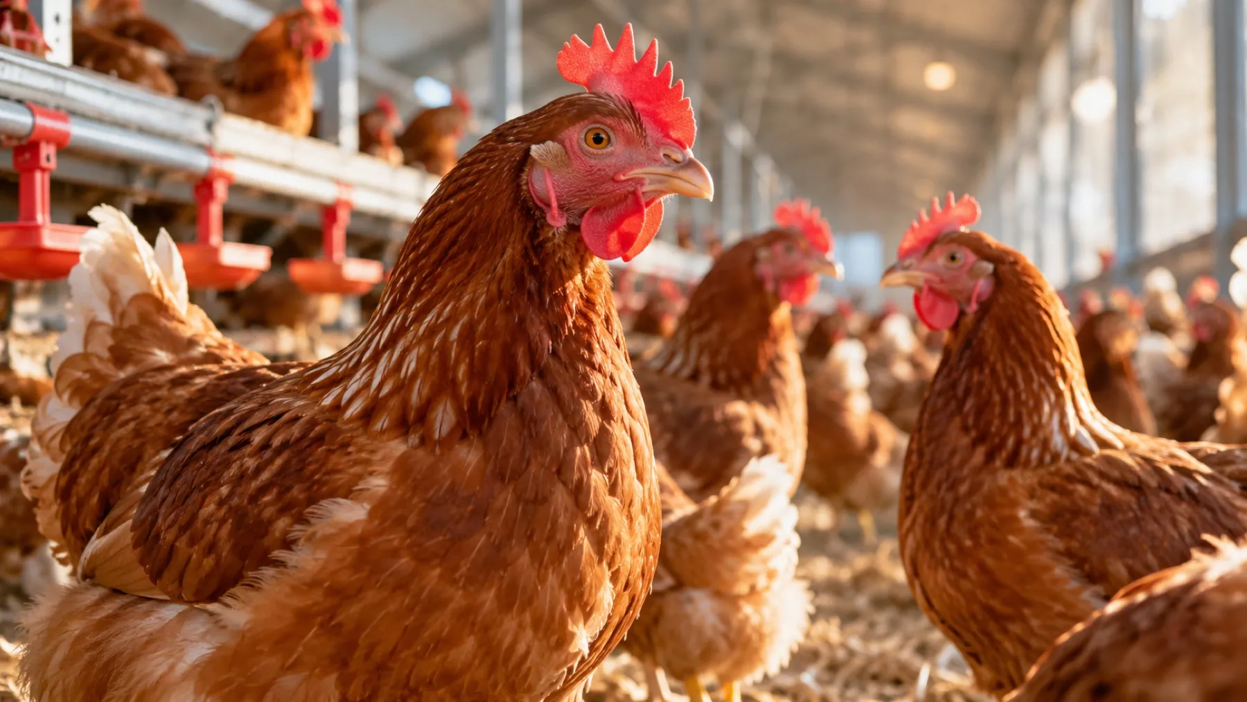 Healthy hens in a clean poultry house