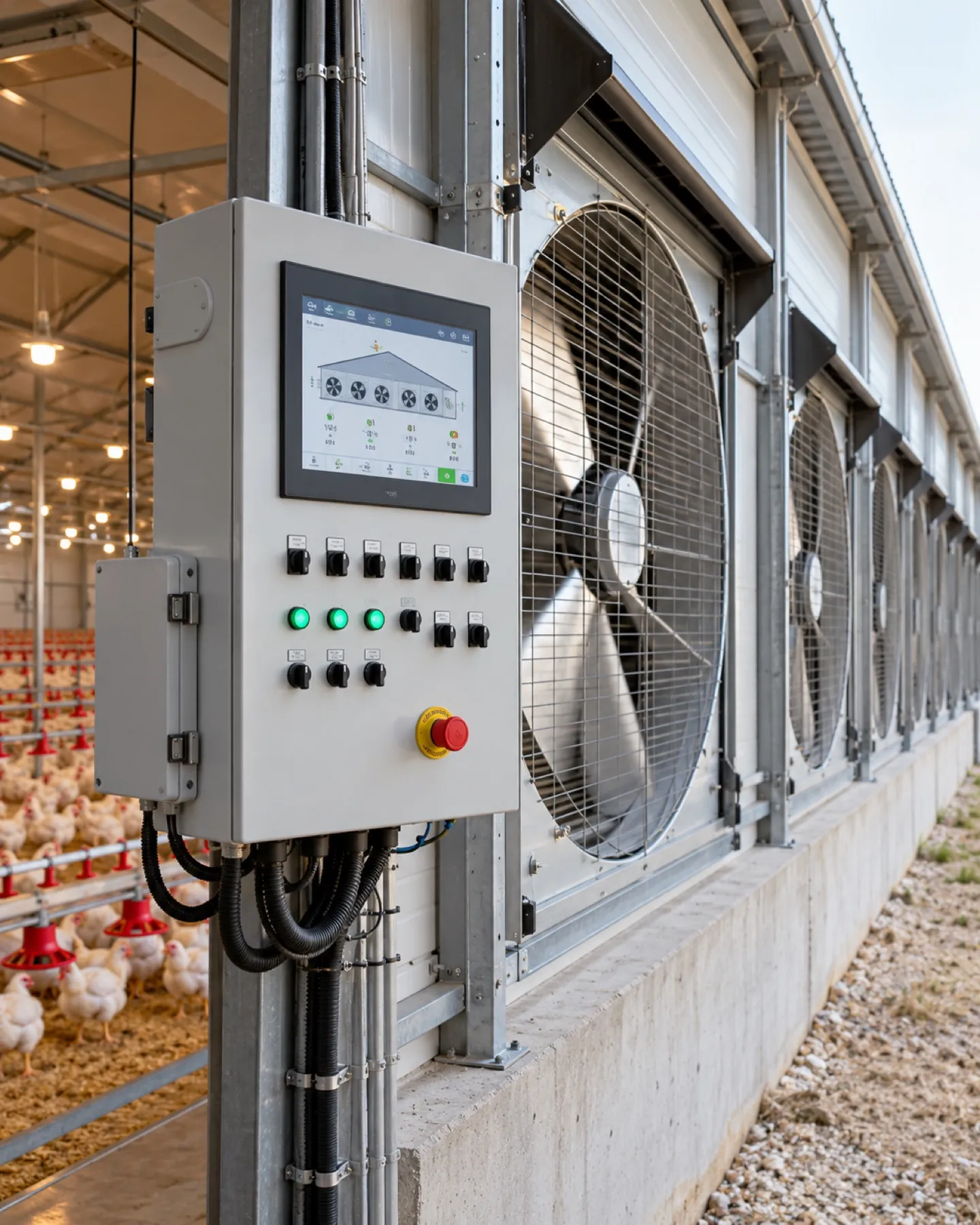 Controlled shed control panel and tunnel fans