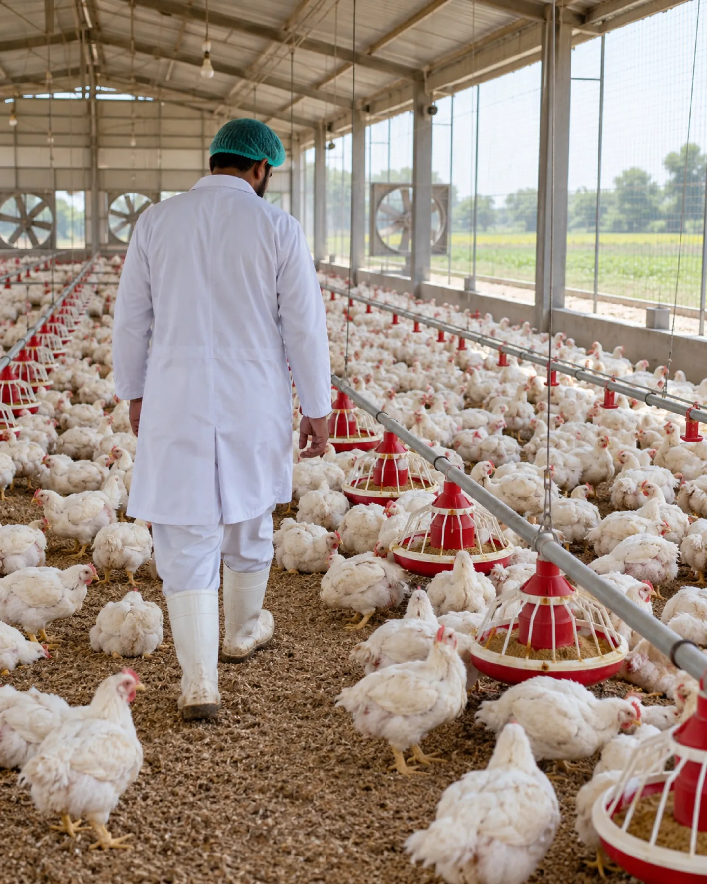 Veterinarian walking through a broiler house